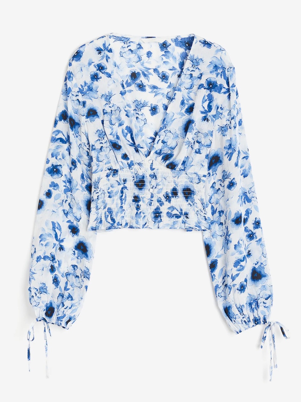 H&M White Blue Floral V-Neck Smocked Waist Blouse